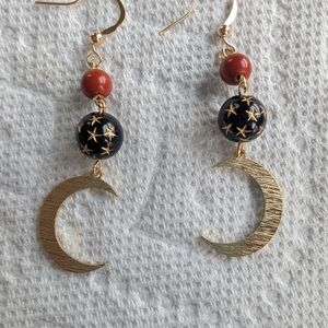 Gold and Black Star Crescent Moon Earrings